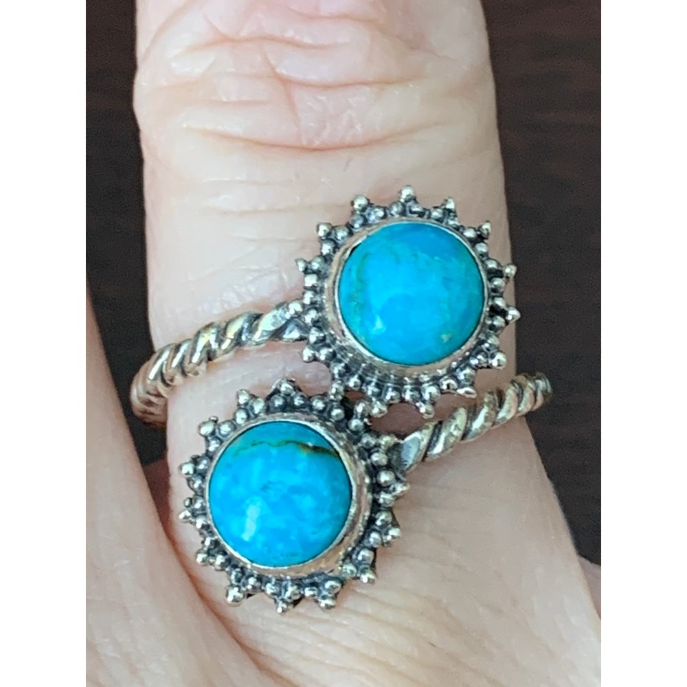 925 Sterling Silver Turquoise Bypass Ring Sunburst Twisted Rope Band Adjustable